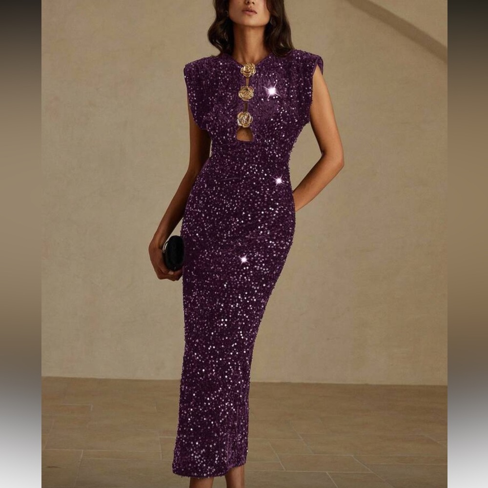 Elegant Purple Velvet Sequin Evening Dress